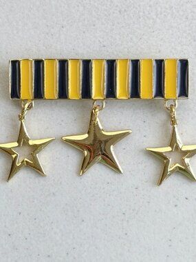 Vintage Military Bar Medal Brooch Dangling Stars Gold Tone Metal & Enamel Pin
